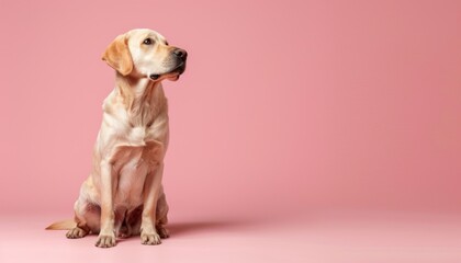 A cute Labrador sitting on a solid pastel background with space above for text