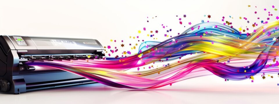 Vibrant color ribbons emerging from a large format printer in a creative display
