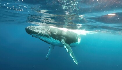 Fototapeta premium A Baby Humpback Whale Plays Near the Surface