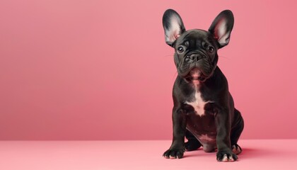 A cute French Bulldog sitting on a solid pastel background with space above for text