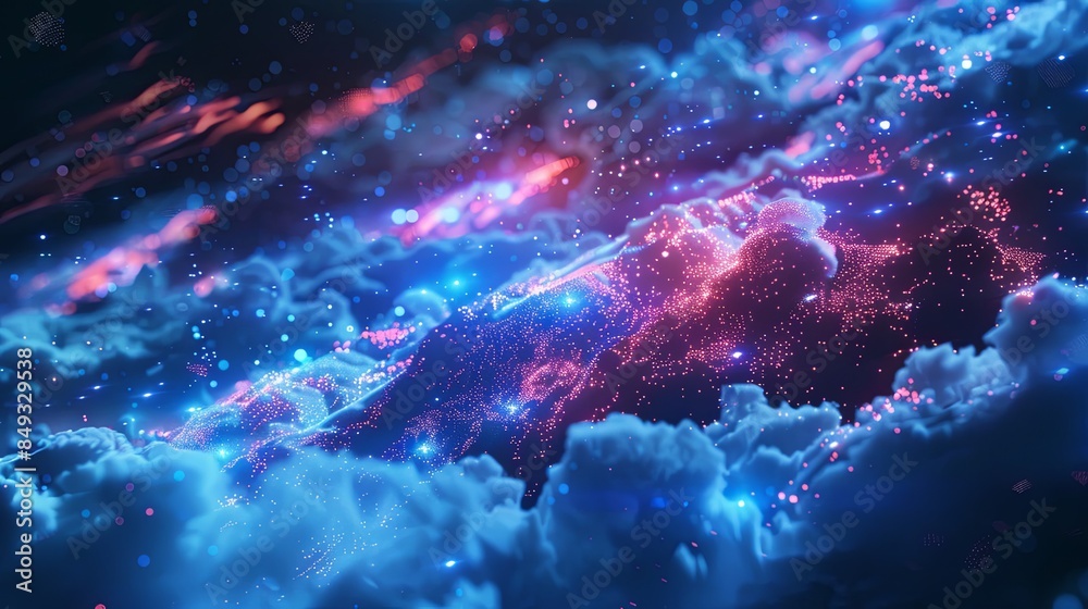 Poster a digital abstract rendering of cloud computing, with glowing blue and pink data processing and ai e