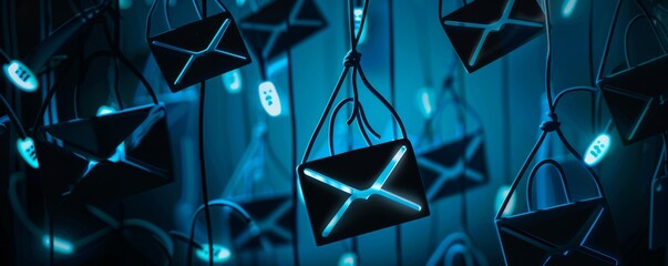 Digital phishing attack concept with glowing email icons hanging on hooks