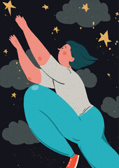 A man jumps and tries to reach the sky with stars. On the background is a starry sky with clouds and sparkling stars