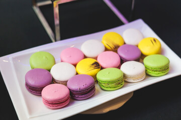 Set of coffee break in the hotel during conference meeting, with tea and coffee catering, decorated catering banquet table with variety of different pastry and bakery, with croissants cookies