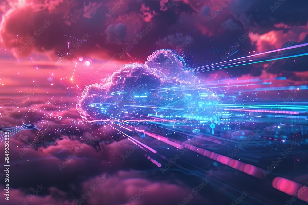 Fototapete an abstract illustration depicting the concept of cloud computing with digital elements representing