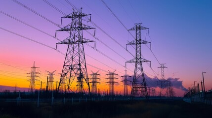 High-voltage power lines and towers silhouetted against a vibrant sunset sky, highlighting industrial infrastructure. The concept is energy and technology.