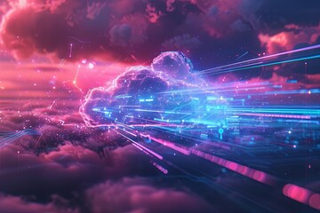 An abstract illustration depicting the concept of cloud computing with digital elements representing data processing and AI operations. Generative AI
