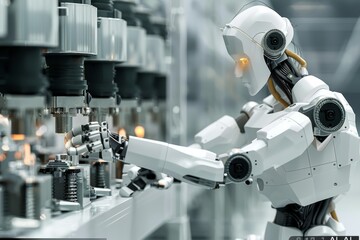 AI Robot Working in Factory, Advanced Technology in Artificial Intelligence, High Tech Digital Innovations, Futuristic Design, Modern Tech Elements, Detailed Setup, Indoor Setting.