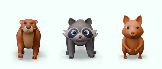 Realistic otter, raccoon, quokka. Funny animals in 3D style. Small creatures of wild nature