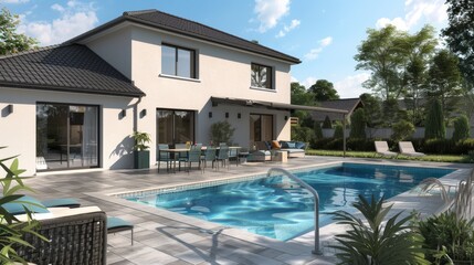 Fototapeta premium A modern house with a swimming pool in the backyard, surrounded by a well-maintained garden, showcasing a relaxed and luxurious lifestyle on a sunny day.