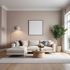 Mockup poster frame in minimalist living room interior background, modern interior design, frame mockup