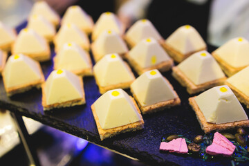 Beautiful multicolored decorated baked sweet tasty candy bar dessert selection with cake, pie and pastries selection, catering banquet table on kids children party, coffee break buffet at a conference