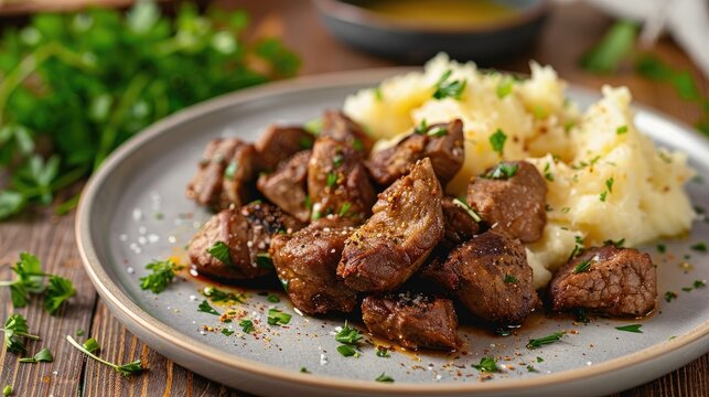 Homemade tasty fried chicken liver accompanied by mashed potatoes on a plate