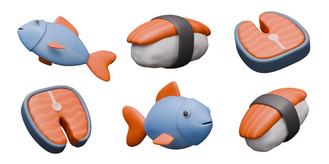 Set of icons for red fish dishes. Whole fish, steak, nigiri in various positions