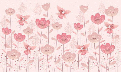 Fairies flying among the flowers. A stylish illustration of magical fairies fluttering among meadow summer flowers. Design for a children's room in pink shades, wallpapers, photo wallpapers.