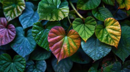 Leaves in Green heart shape with Vibrantly Colored foliage having uneven edges
