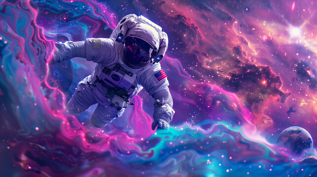 Astronaut Floating In A Vibrant, Colorful Nebula With Planets In The Background