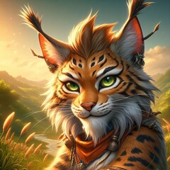 Fototapeta premium Majestic anthropomorphic Lynx in serene sunset landscape: a vibrant blend of fantasy and nature
