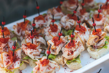 Beautifully decorated luxury banquet catering table, with variety of with different food snacks appetizers on corporate birthday party event wedding celebration, canape, salad, delicatessen variety