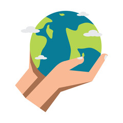 someone holding a small globe in their hands with clouds in the background