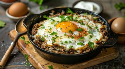 Fototapeta premium South African national dish Bobotie spiced minced meat baked egg topping rice