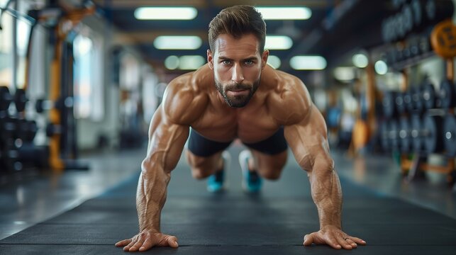 Fit man doing pushups on floor in gym,sports,copy space,healthy fitness concept.