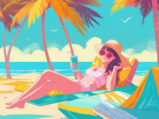 A romantic girl in a hat and a swimsuit lies on a chaise longue, palm trees on the ocean shore.