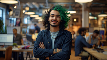 Confident young adult with bright green hair and tattoos smiling in a coworking space