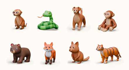 Set of 3D domestic and wild animals. Meerkat, snake, dog, monkey, bear, fox, quokka, tiger