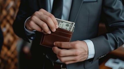 A man in a suit putting money in his wallet