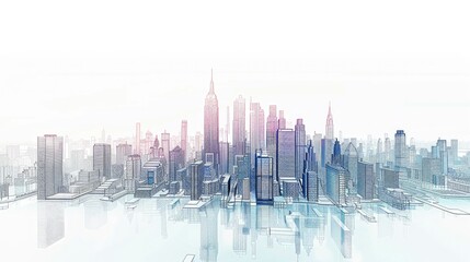 Naklejka premium Abstract cityscape line illustration isolated on solid white background. Generative AI.