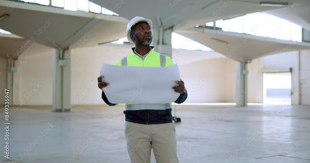 Aufkleber black man, architect and documents with blueprint for construction, building or architecture at site