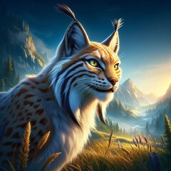 Obraz premium Majestic anthropomorphic Lynx in serene sunset landscape: a vibrant blend of fantasy and nature