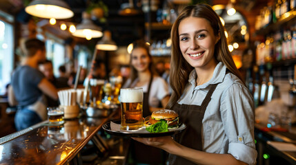 Smiling young server carrying a tray with a beer and burger in a busy pub