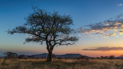 Acacia tree with leafless branch contrasting the evening sky