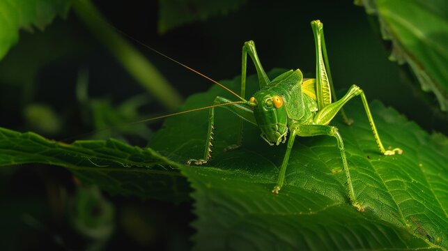 A green katydid perched on a leaf, looking at the camera.