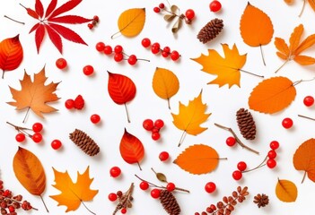 A flat lay of autumn leaves and dried flowers on a white background