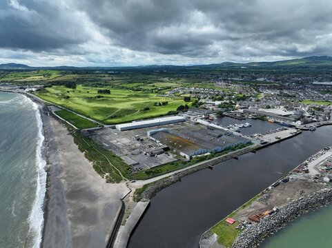 Arklow harbour and avoca river in ireland overhead drone shot