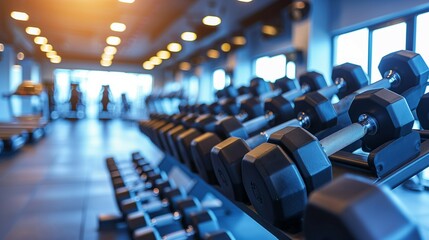 Obraz premium Row of dumbbells in the gym,blurred background,copy space,healthy fitness concept.