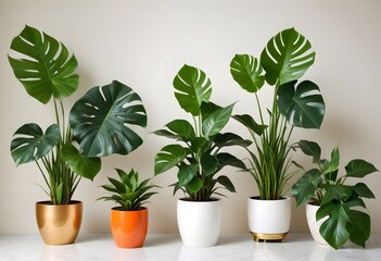 Obraz premium Collection of beautiful plants hanging in various ceramic pots isolated on white background