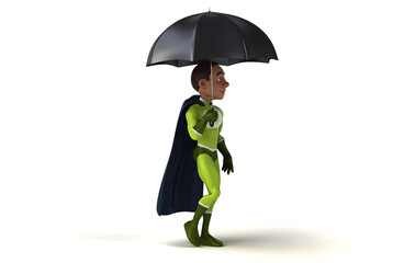 Fun 3D cartoon superhero walking with an umbrella