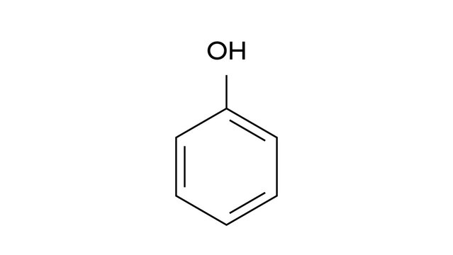 phenol molecule, structural chemical formula, ball-and-stick model, isolated image benzenol