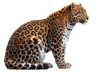 Fototapeta premium View from side of Leopard isolated on white background, transparent background