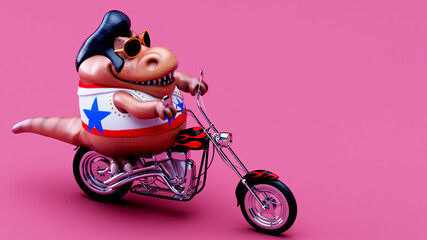Fun 3D cartoon illustration of a Trex on a motorbike © Julien Tromeur
