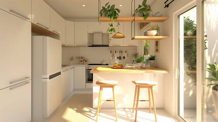 Modern white kitchen with wooden countertop and open shelves