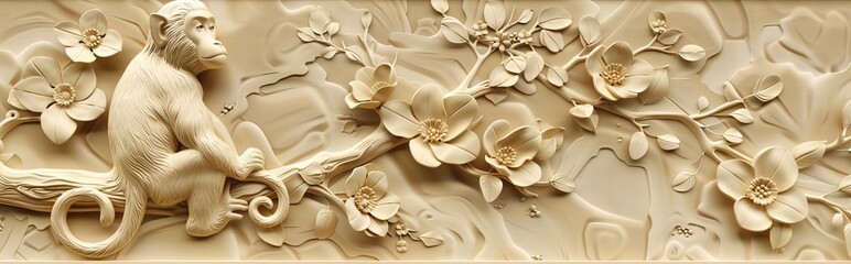 3d monkey Wallpaper Background golden art for digital printing wallpaper, mural, custom design wallpaper. AI generated illustration