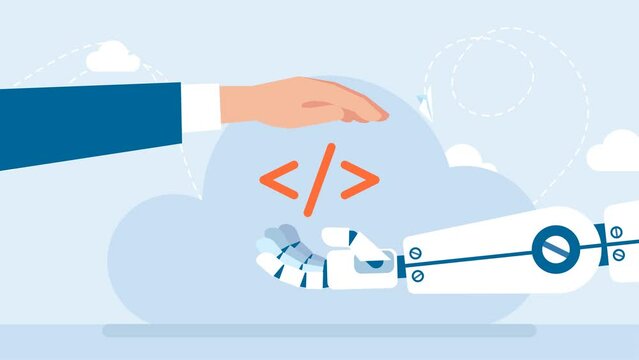 Cooperation between a man and a cyborg in programming. Chatbot, robot hand with an icon. Robot and man hands. Artificial intelligence concept. Flat cartoon design. 2d animation. Alpha channel