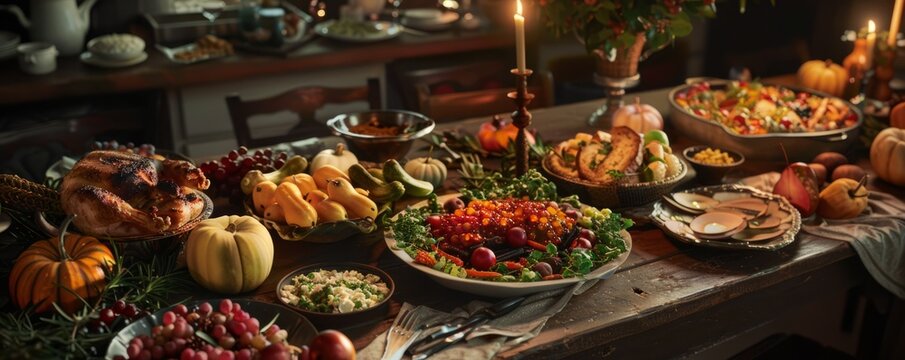 Hosting a harvest potluck with friends and family, November 7th, diverse dishes and communal dining, 4K hyperrealistic photo.