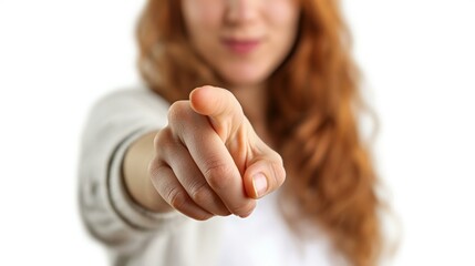 Close-Up of Woman Pointing Finger Towards Camera for Choice and Decision Concept