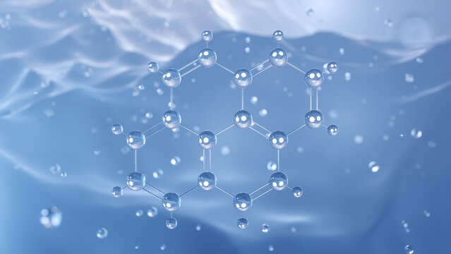 pyrene molecular structure, 3d model molecule, polycyclic aromatic hydrocarbon, structural chemical formula view from a microscope
